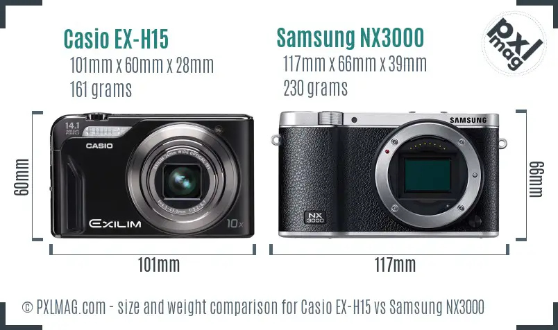 Casio EX-H15 vs Samsung NX3000 size comparison Casio EX-H15 vs Samsung NX3000 size comparison
