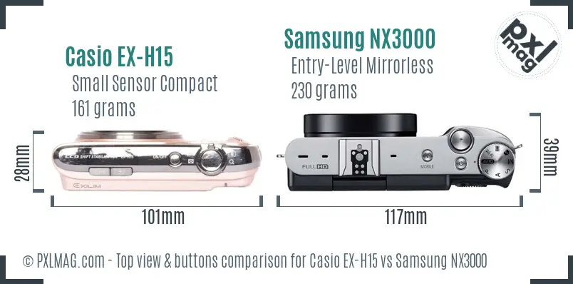 Casio EX-H15 vs Samsung NX3000 top view buttons comparison Casio EX-H15 vs Samsung NX3000 top view buttons comparison