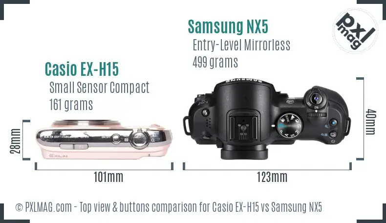Casio EX-H15 vs Samsung NX5 top view buttons comparison
