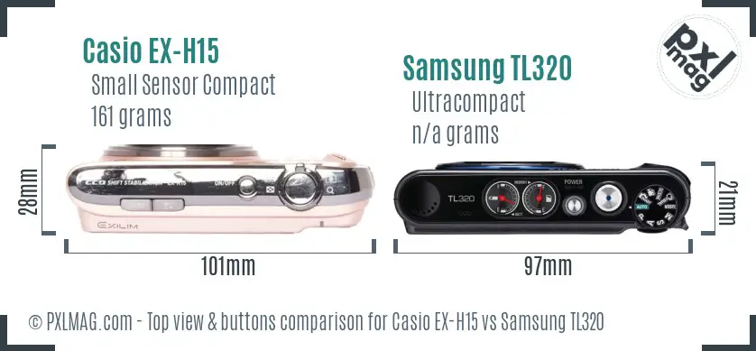 Casio EX-H15 vs Samsung TL320 top view buttons comparison