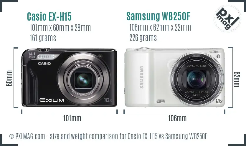 Casio EX-H15 vs Samsung WB250F size comparison