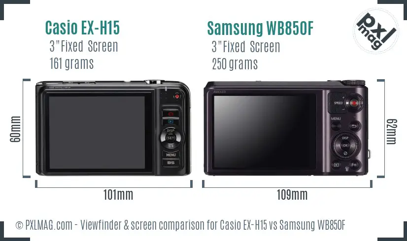 Casio EX-H15 vs Samsung WB850F Screen and Viewfinder comparison