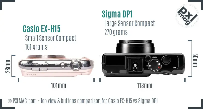 Casio EX-H15 vs Sigma DP1 top view buttons comparison Casio EX-H15 vs Sigma DP1 top view buttons comparison