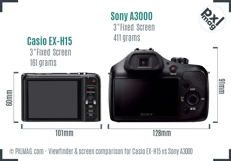 Casio EX-H15 vs Sony A3000 Screen and Viewfinder comparison