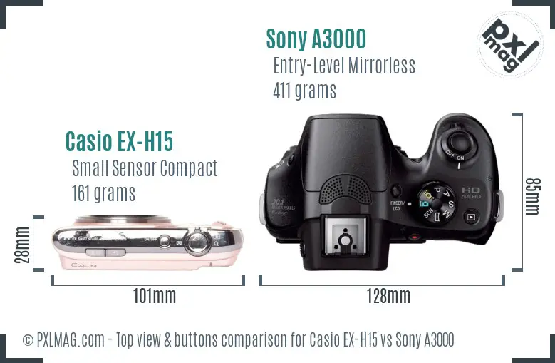 Casio EX-H15 vs Sony A3000 top view buttons comparison