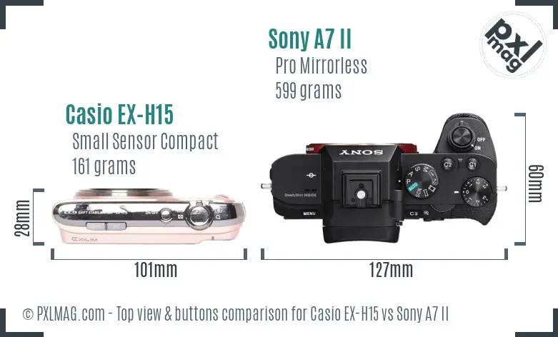 Casio EX-H15 vs Sony A7 II top view buttons comparison