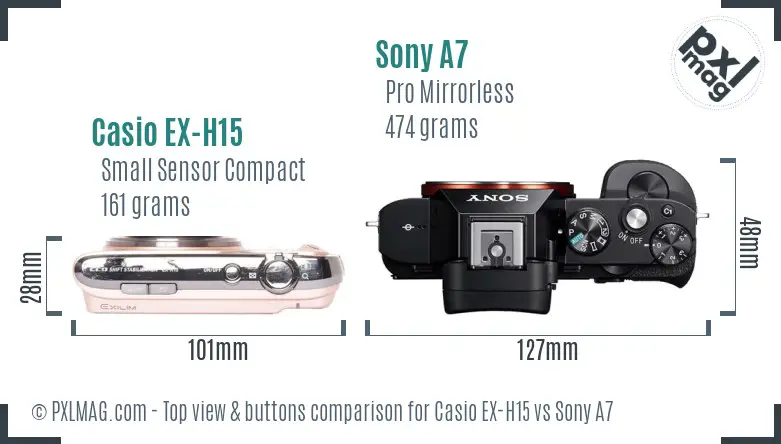 Casio EX-H15 vs Sony A7 top view buttons comparison
