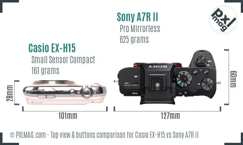 Casio EX-H15 vs Sony A7R II top view buttons comparison