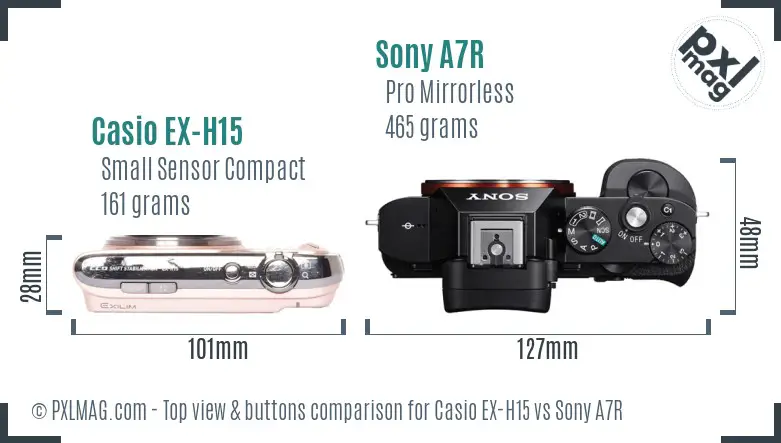 Casio EX-H15 vs Sony A7R top view buttons comparison