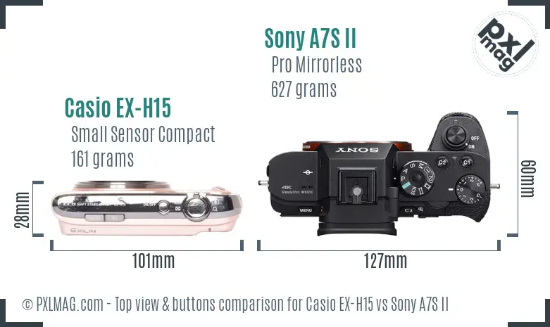 Casio EX-H15 vs Sony A7S II top view buttons comparison
