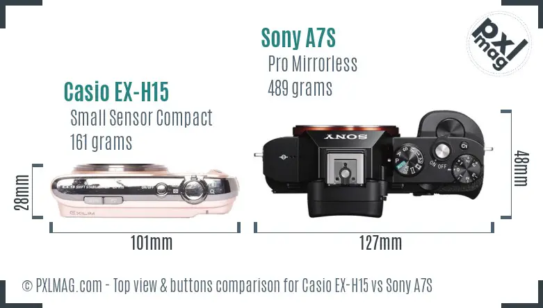 Casio EX-H15 vs Sony A7S top view buttons comparison