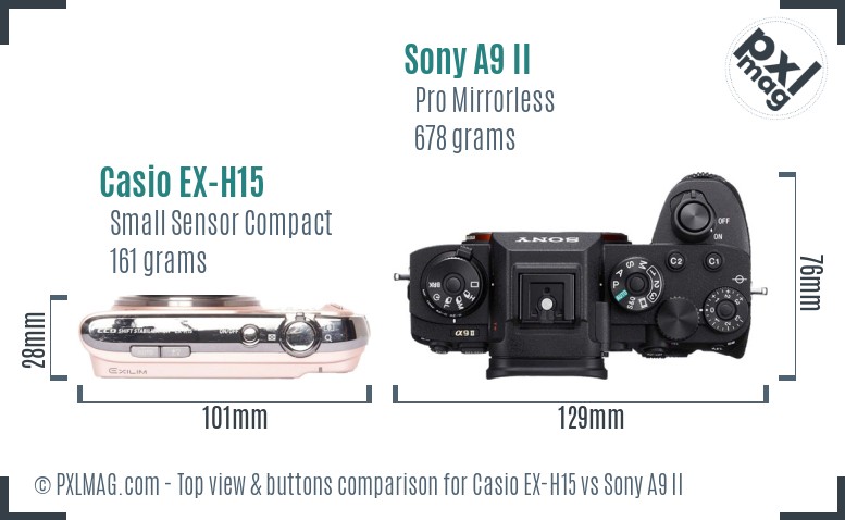 Casio EX-H15 vs Sony A9 II top view buttons comparison