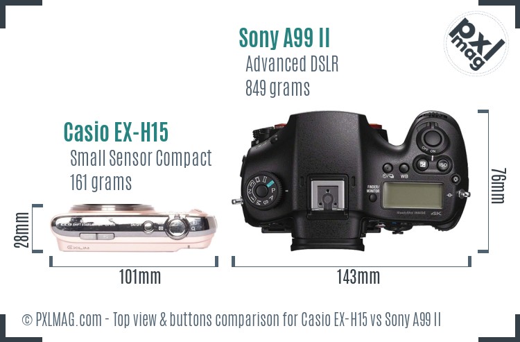 Casio EX-H15 vs Sony A99 II top view buttons comparison