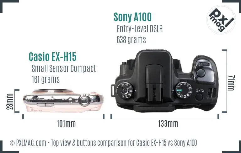Casio EX-H15 vs Sony A100 top view buttons comparison