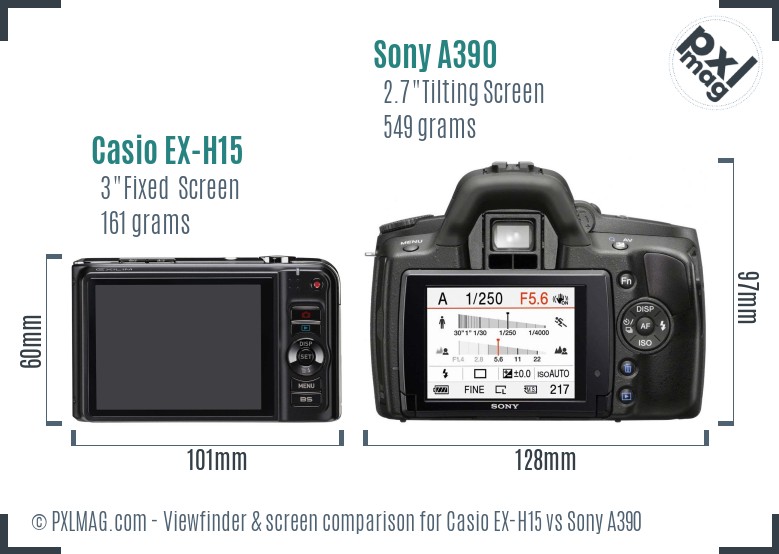 Casio EX-H15 vs Sony A390 Screen and Viewfinder comparison