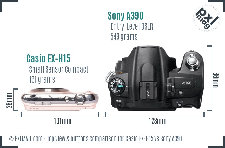 Casio EX-H15 vs Sony A390 top view buttons comparison