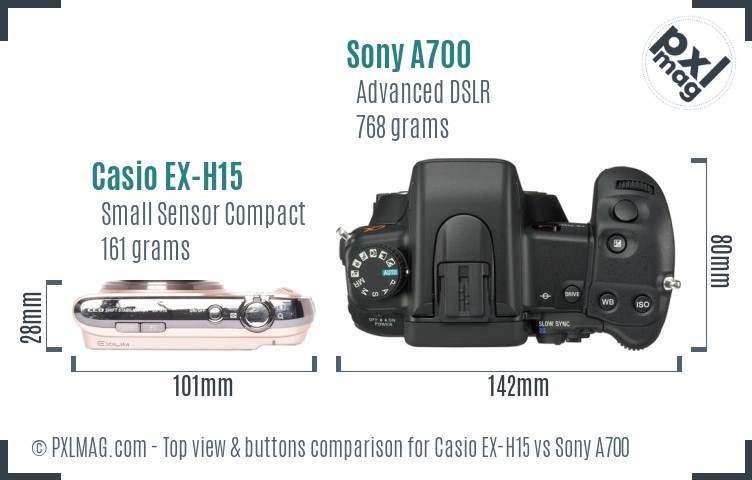 Casio EX-H15 vs Sony A700 top view buttons comparison