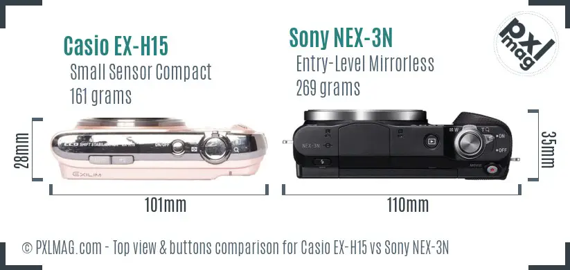Casio EX-H15 vs Sony NEX-3N top view buttons comparison Casio EX-H15 vs Sony NEX-3N top view buttons comparison