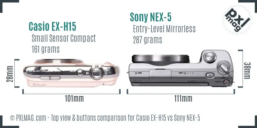 Casio EX-H15 vs Sony NEX-5 top view buttons comparison