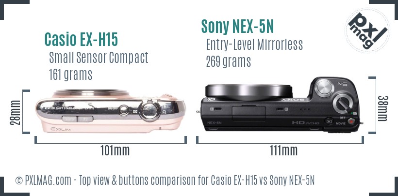 Casio EX-H15 vs Sony NEX-5N top view buttons comparison