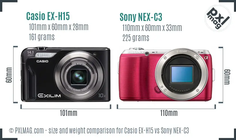 Casio EX-H15 vs Sony NEX-C3 size comparison Casio EX-H15 vs Sony NEX-C3 size comparison