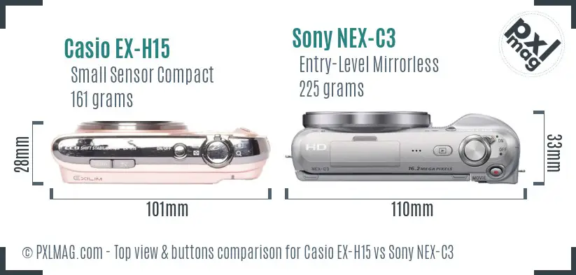 Casio EX-H15 vs Sony NEX-C3 top view buttons comparison Casio EX-H15 vs Sony NEX-C3 top view buttons comparison
