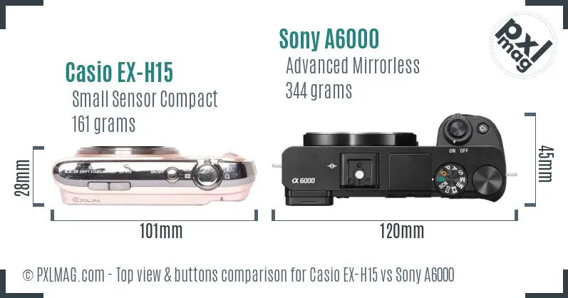 Casio EX-H15 vs Sony A6000 top view buttons comparison