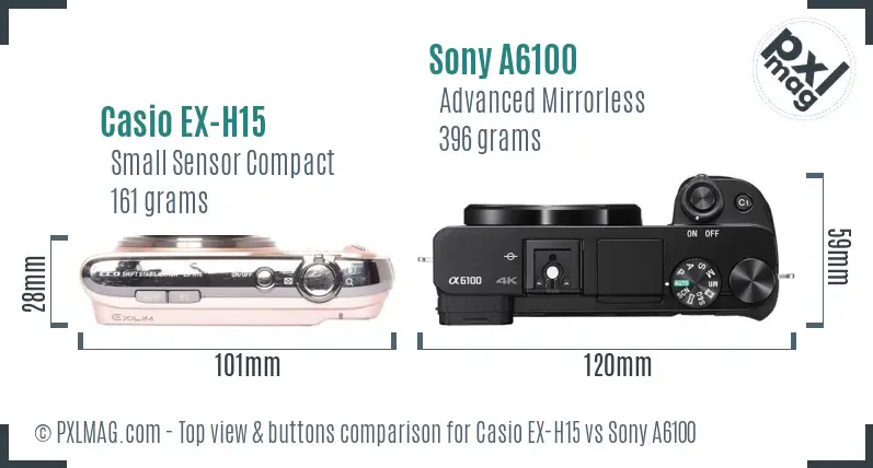 Casio EX-H15 vs Sony A6100 top view buttons comparison