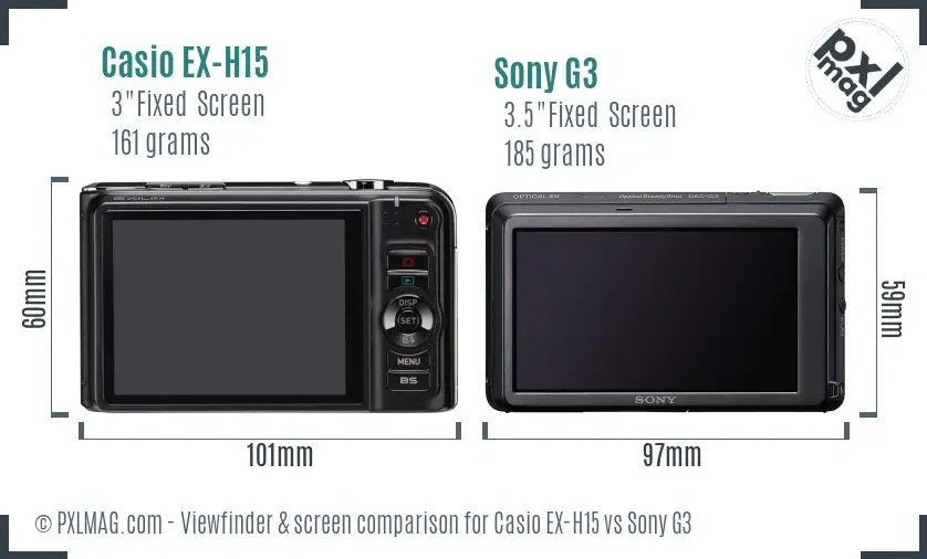 Casio EX-H15 vs Sony G3 Screen and Viewfinder comparison