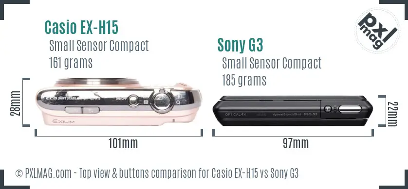 Casio EX-H15 vs Sony G3 top view buttons comparison