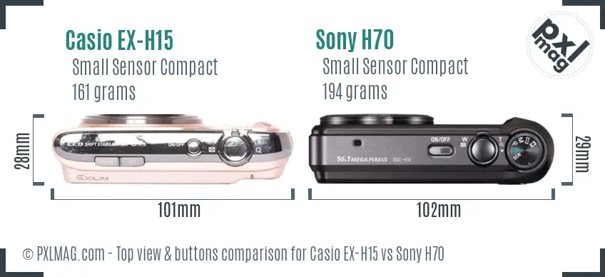 Casio EX-H15 vs Sony H70 top view buttons comparison Casio EX-H15 vs Sony H70 top view buttons comparison