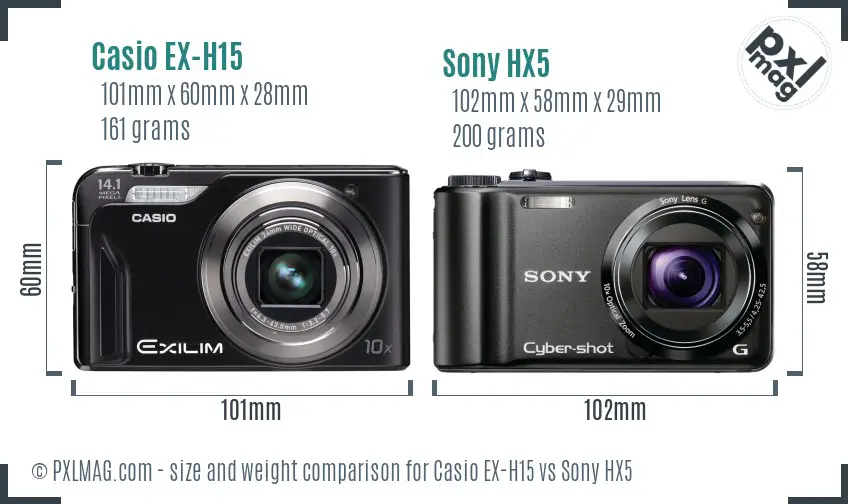 Casio EX-H15 vs Sony HX5 size comparison