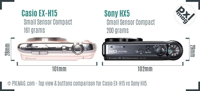 Casio EX-H15 vs Sony HX5 top view buttons comparison