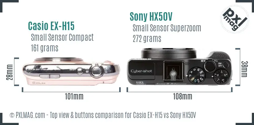 Casio EX-H15 vs Sony HX50V top view buttons comparison