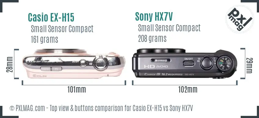 Casio EX-H15 vs Sony HX7V top view buttons comparison Casio EX-H15 vs Sony HX7V top view buttons comparison