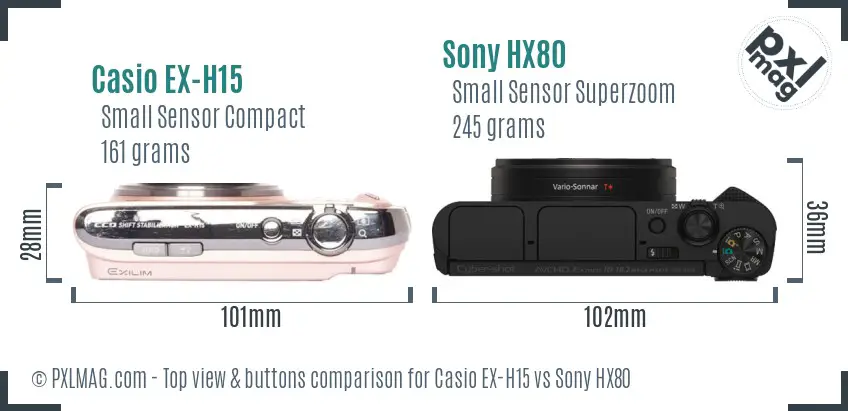 Casio EX-H15 vs Sony HX80 top view buttons comparison