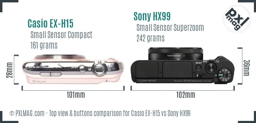 Casio EX-H15 vs Sony HX99 top view buttons comparison