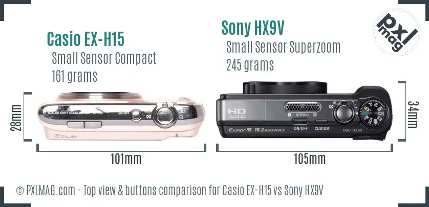 Casio EX-H15 vs Sony HX9V top view buttons comparison Casio EX-H15 vs Sony HX9V top view buttons comparison