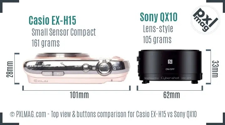 Casio EX-H15 vs Sony QX10 top view buttons comparison