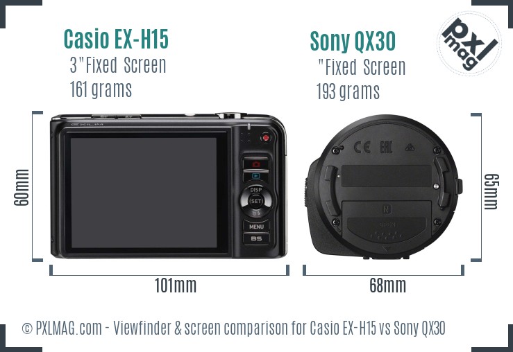 Casio EX-H15 vs Sony QX30 Screen and Viewfinder comparison