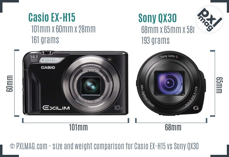 Casio EX-H15 vs Sony QX30 size comparison