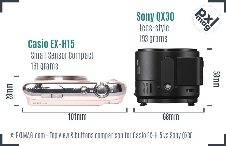 Casio EX-H15 vs Sony QX30 top view buttons comparison