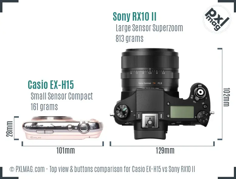 Casio EX-H15 vs Sony RX10 II top view buttons comparison