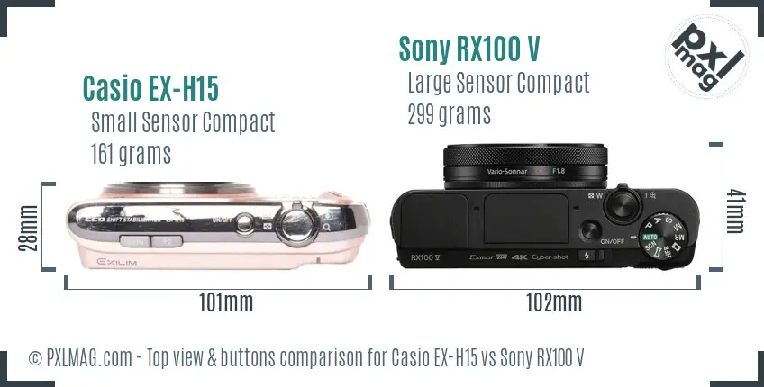 Casio EX-H15 vs Sony RX100 V top view buttons comparison