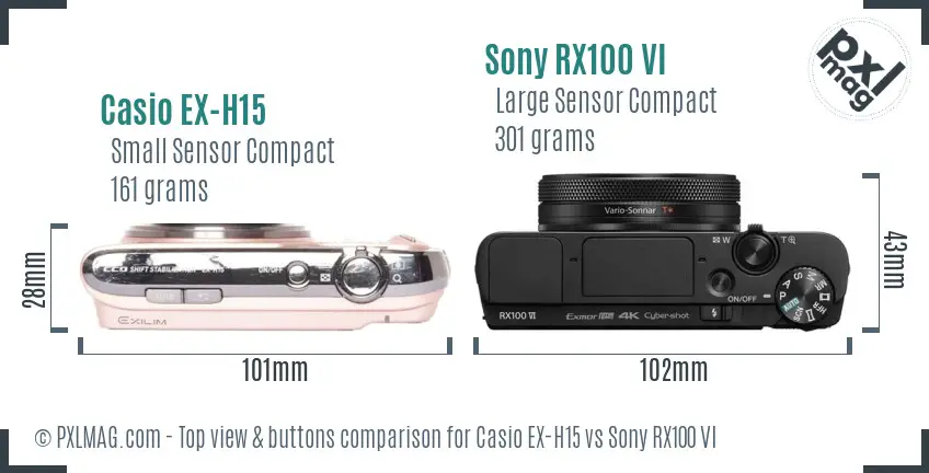 Casio EX-H15 vs Sony RX100 VI top view buttons comparison