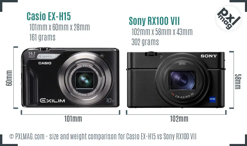 Casio EX-H15 vs Sony RX100 VII size comparison