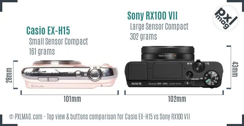 Casio EX-H15 vs Sony RX100 VII top view buttons comparison