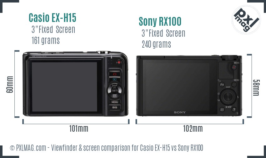 Casio EX-H15 vs Sony RX100 Screen and Viewfinder comparison
