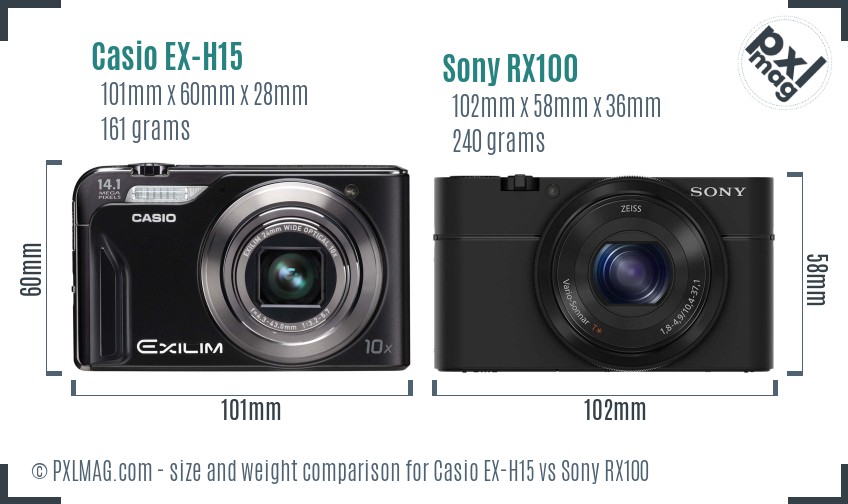 Casio EX-H15 vs Sony RX100 size comparison