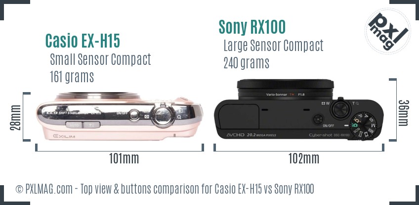 Casio EX-H15 vs Sony RX100 top view buttons comparison